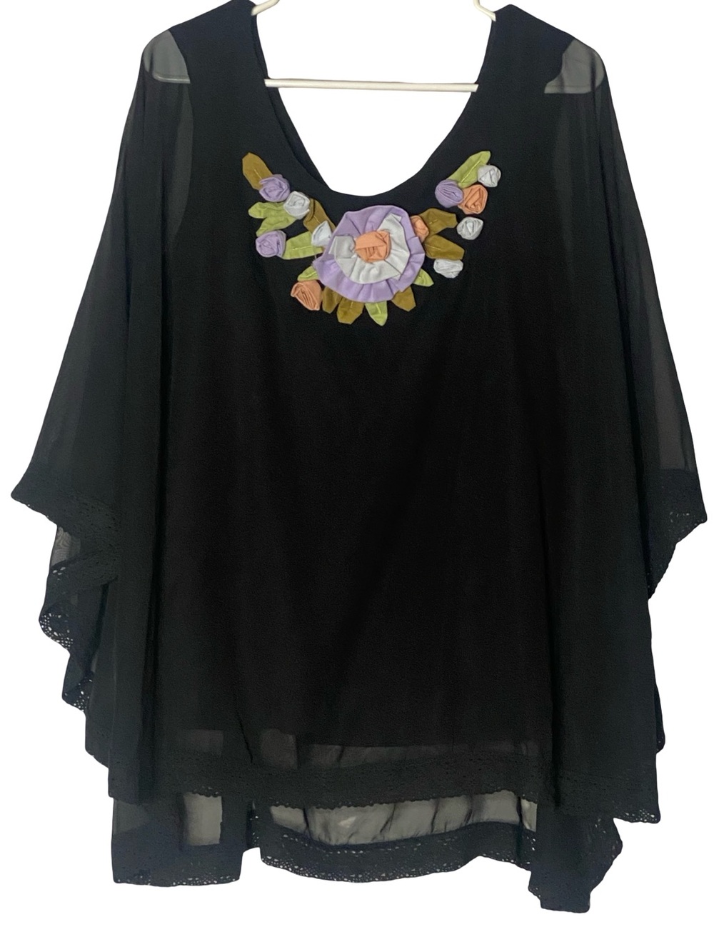 NWT Patti LaBelle 2X Black Sheer Poncho Overlay Tank Top Floral Rosettes